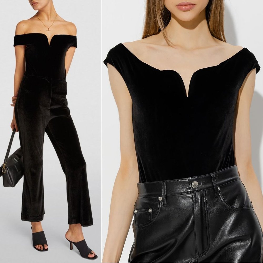 NANUSHKA Gesa Off-shoulder BODYSUIT Size XL Black Stretch Velvet NEW $495